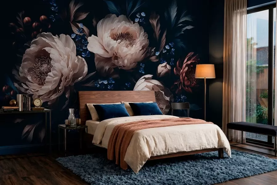 fototapet Compoziție florală în culori închise, cu flori mari și frunze w05533