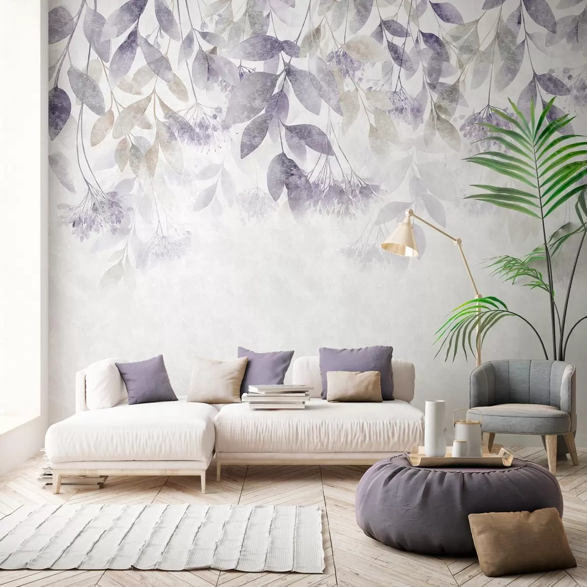 fototapet frunze texturate, dispuse în cascadă, cu flori în nuanțe de violet și bej w05565v3
