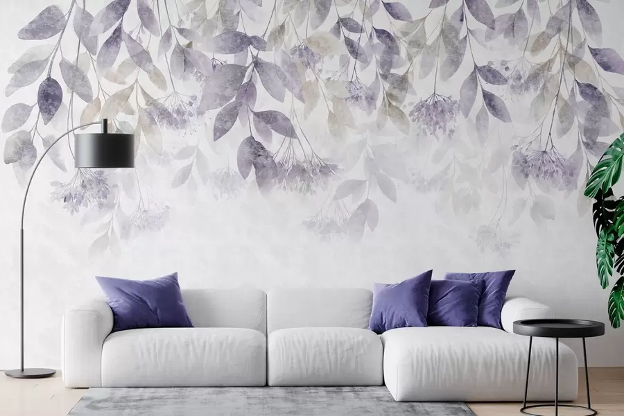 fototapet frunze texturate, dispuse în cascadă, cu flori în nuanțe de violet și bej w05565v3