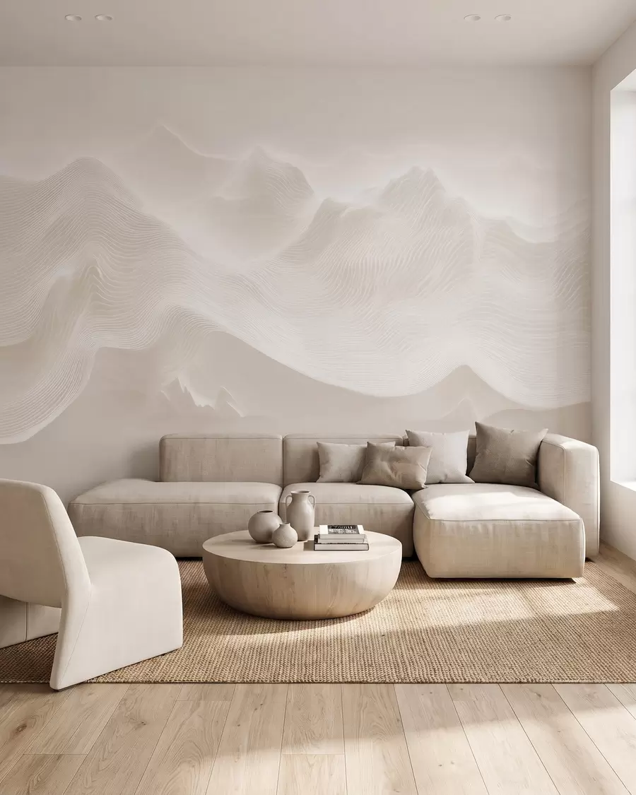 fototapet Munti abstracți, cu forme ondulate, într-o paletă de culori bej, în stil minimalist w09713