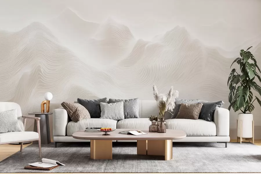 fototapet Munti abstracți, cu forme ondulate, într-o paletă de culori bej, în stil minimalist w09713