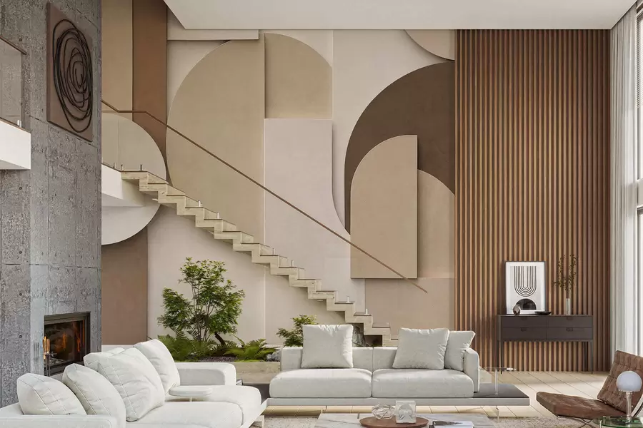 fototapet Forme geometrice bej cu textură, într-o compoziție 3D stratificată, decor de perete minimalist și modern w05598
