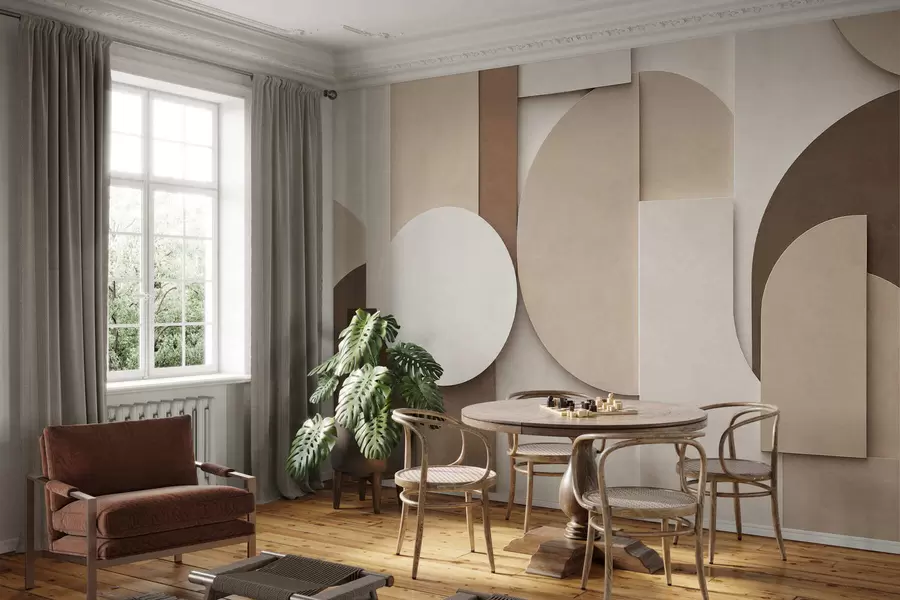 fototapet Forme geometrice bej cu textură, într-o compoziție 3D stratificată, decor de perete minimalist și modern w05598