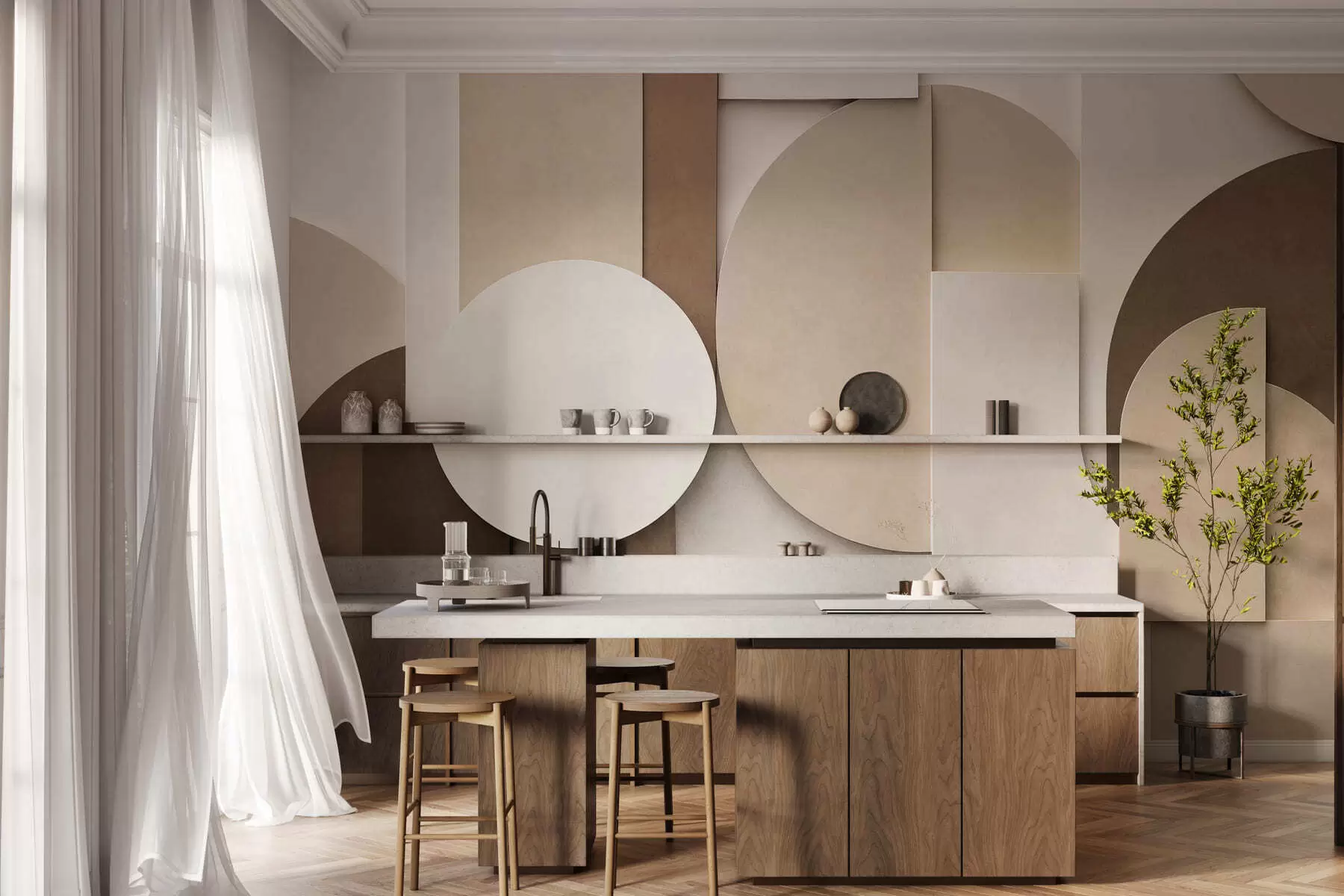 fototapet Forme geometrice bej cu textură, într-o compoziție 3D stratificată, decor de perete minimalist și modern w05598