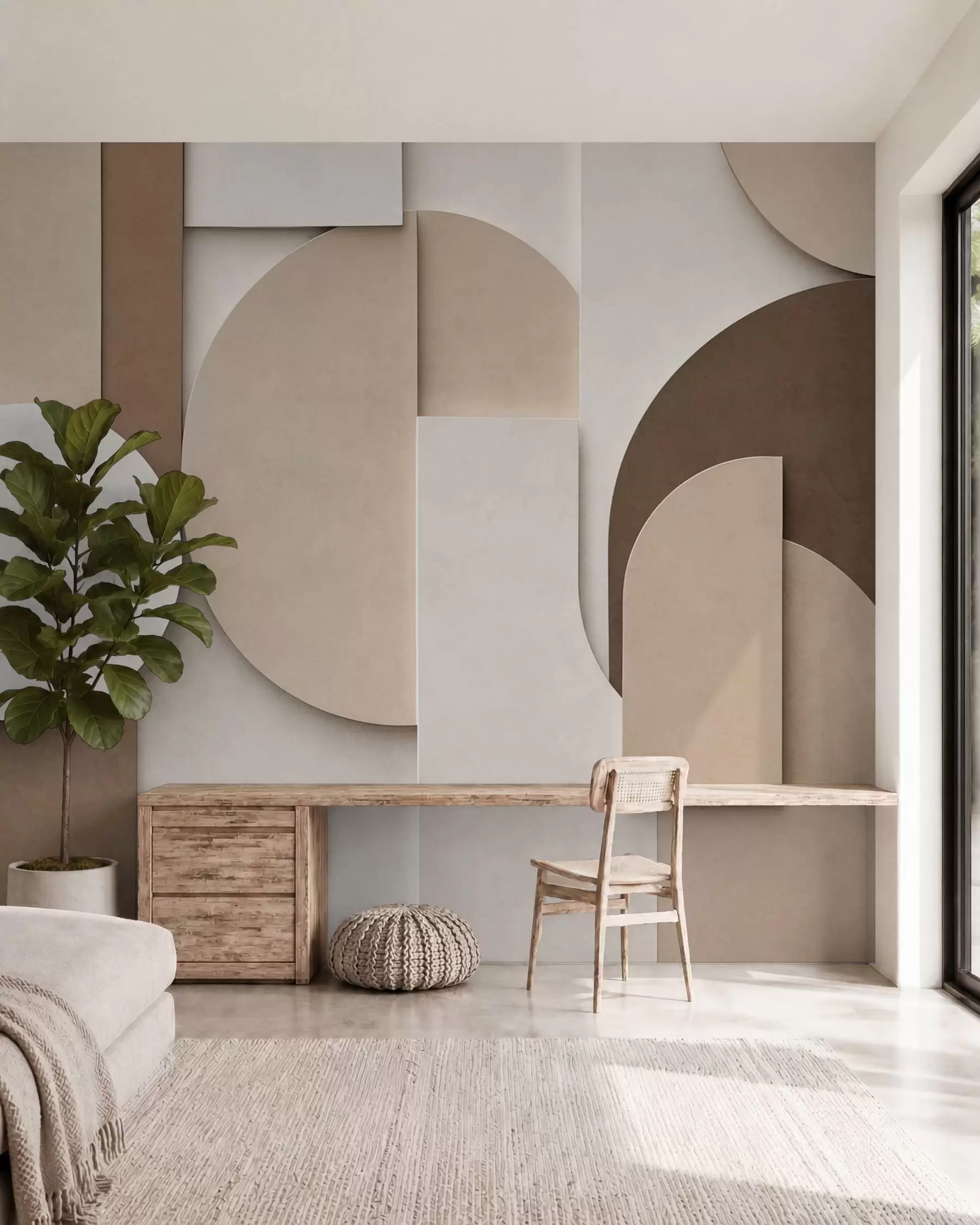 fototapet Forme geometrice bej cu textură, într-o compoziție 3D stratificată, decor de perete minimalist și modern w05598