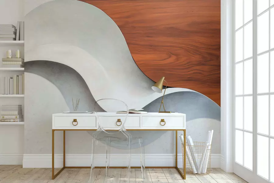 fototapet Valuri abstracte curgătoare, cu accente calde de lemn, într-un design contemporan minimalist w05599