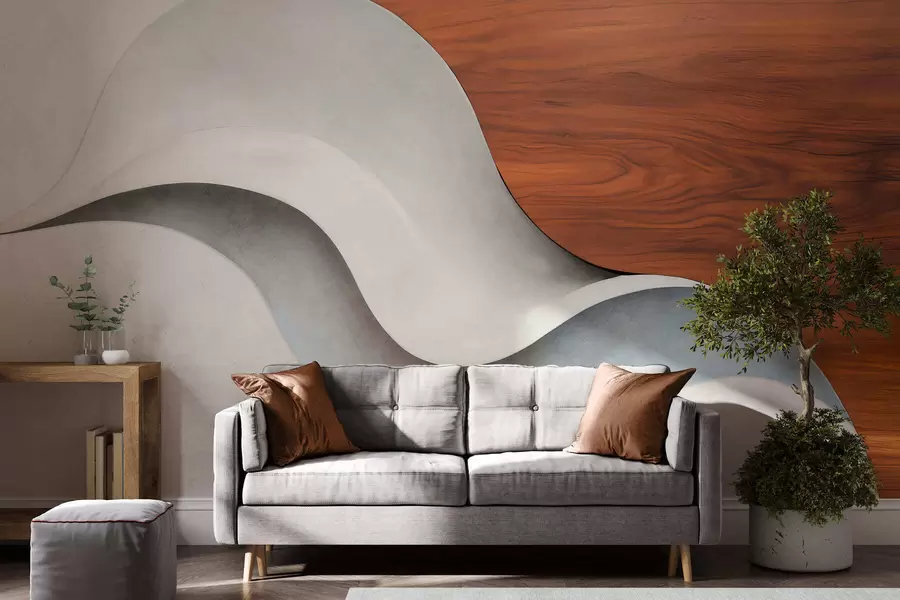 fototapet Valuri abstracte curgătoare, cu accente calde de lemn, într-un design contemporan minimalist w05599