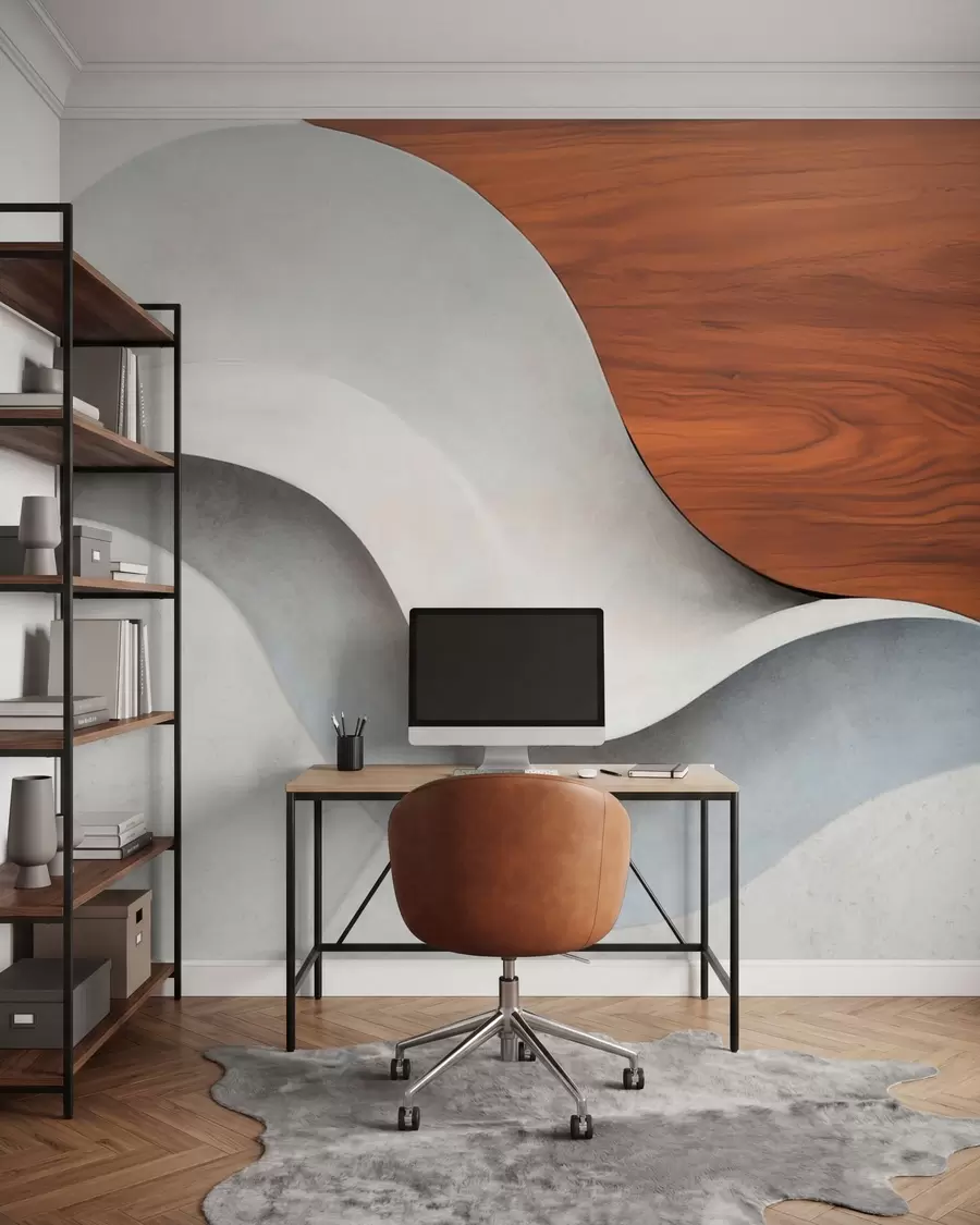 fototapet Valuri abstracte curgătoare, cu accente calde de lemn, într-un design contemporan minimalist w05599
