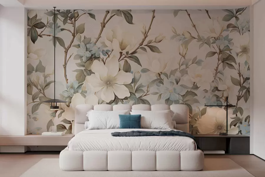 fototapet Flori delicate și frunze verzi, delicate, într-un stil pictural vintage, cu tușe subtile w05601