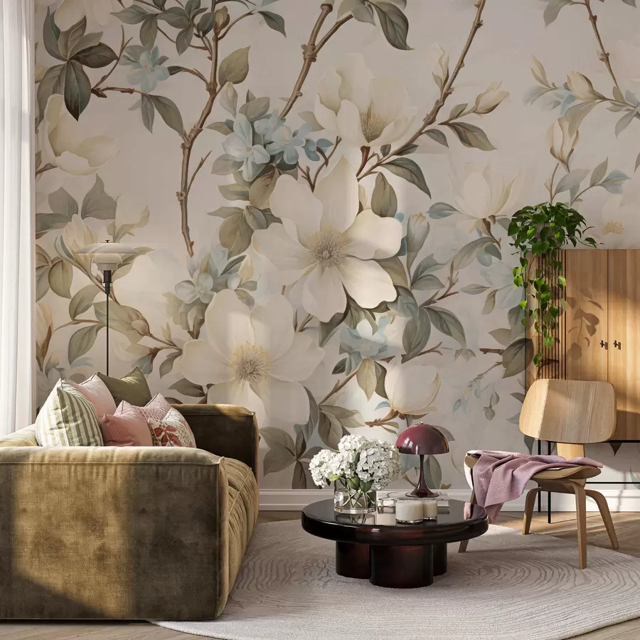 fototapet Flori delicate și frunze verzi, delicate, într-un stil pictural vintage, cu tușe subtile w05601