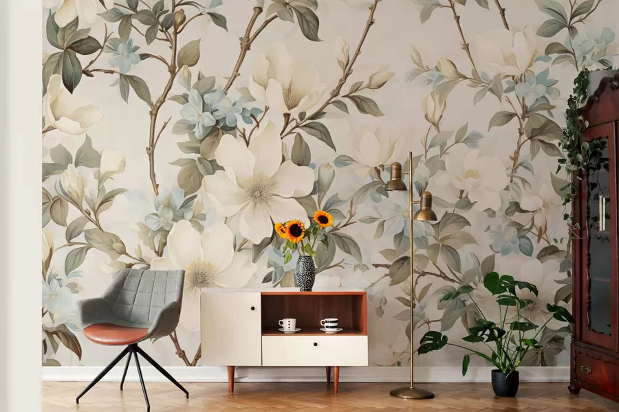 fototapet Flori delicate și frunze verzi, delicate, într-un stil pictural vintage, cu tușe subtile w05601