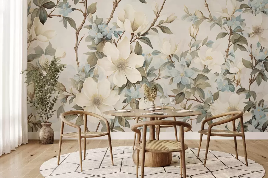 fototapet Flori delicate și frunze verzi, delicate, într-un stil pictural vintage, cu tușe subtile w05601