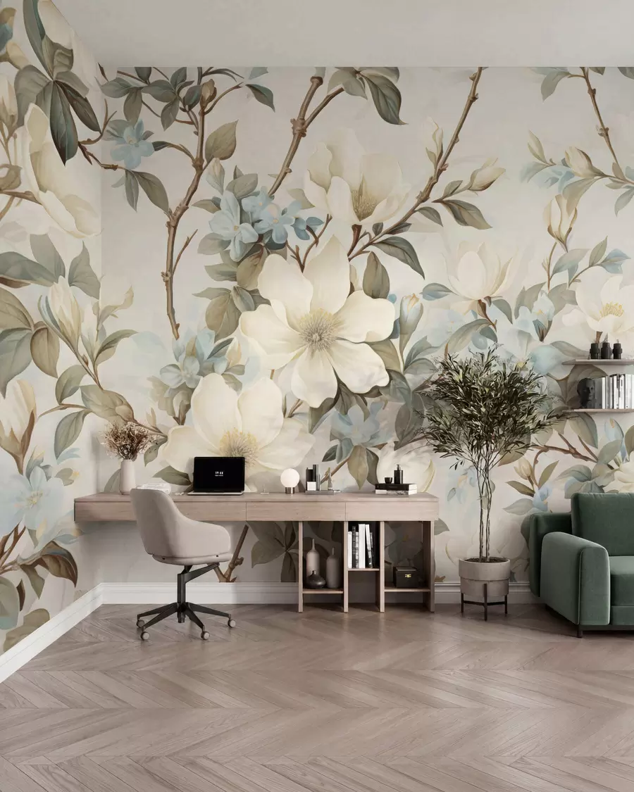 fototapet Flori delicate și frunze verzi, delicate, într-un stil pictural vintage, cu tușe subtile w05601