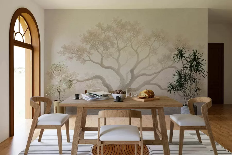fototapet Peisaj minimalist cu copaci învăluiți în ceață, în nuanțe delicate de bej, o operă de artă cu o atmosferă visătoare w05602