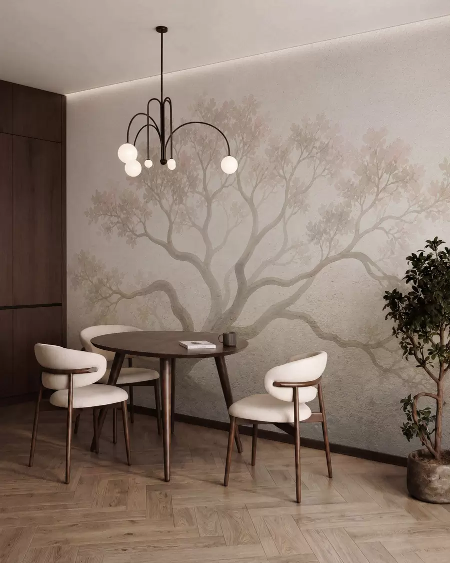fototapet Peisaj minimalist cu copaci învăluiți în ceață, în nuanțe delicate de bej, o operă de artă cu o atmosferă visătoare w05602