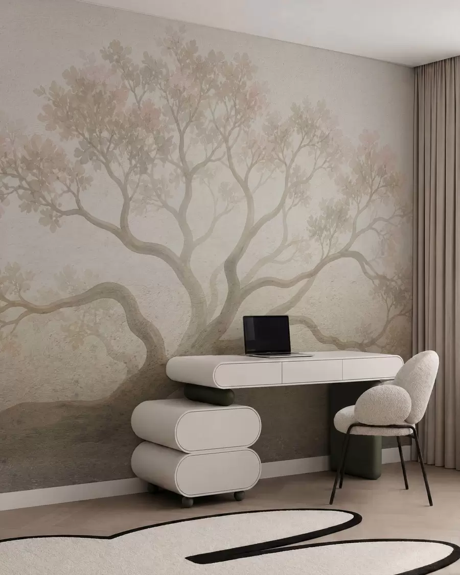 fototapet Peisaj minimalist cu copaci învăluiți în ceață, în nuanțe delicate de bej, o operă de artă cu o atmosferă visătoare w05602