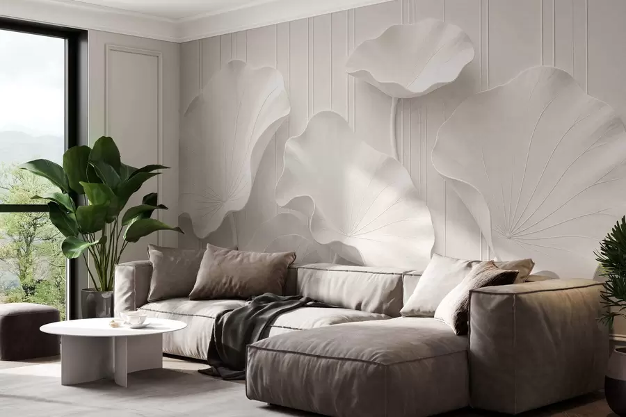 fototapet Relief floral sculptural alb, cu petale suprapuse, un decor de perete elegant în 3D w05604