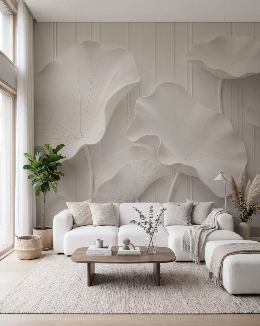 fototapet Relief floral sculptural alb, cu petale suprapuse, un decor de perete elegant în 3D w05604