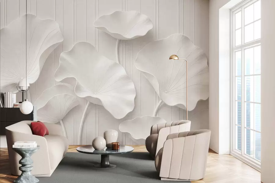 fototapet Relief floral sculptural alb, cu petale suprapuse, un decor de perete elegant în 3D w05604
