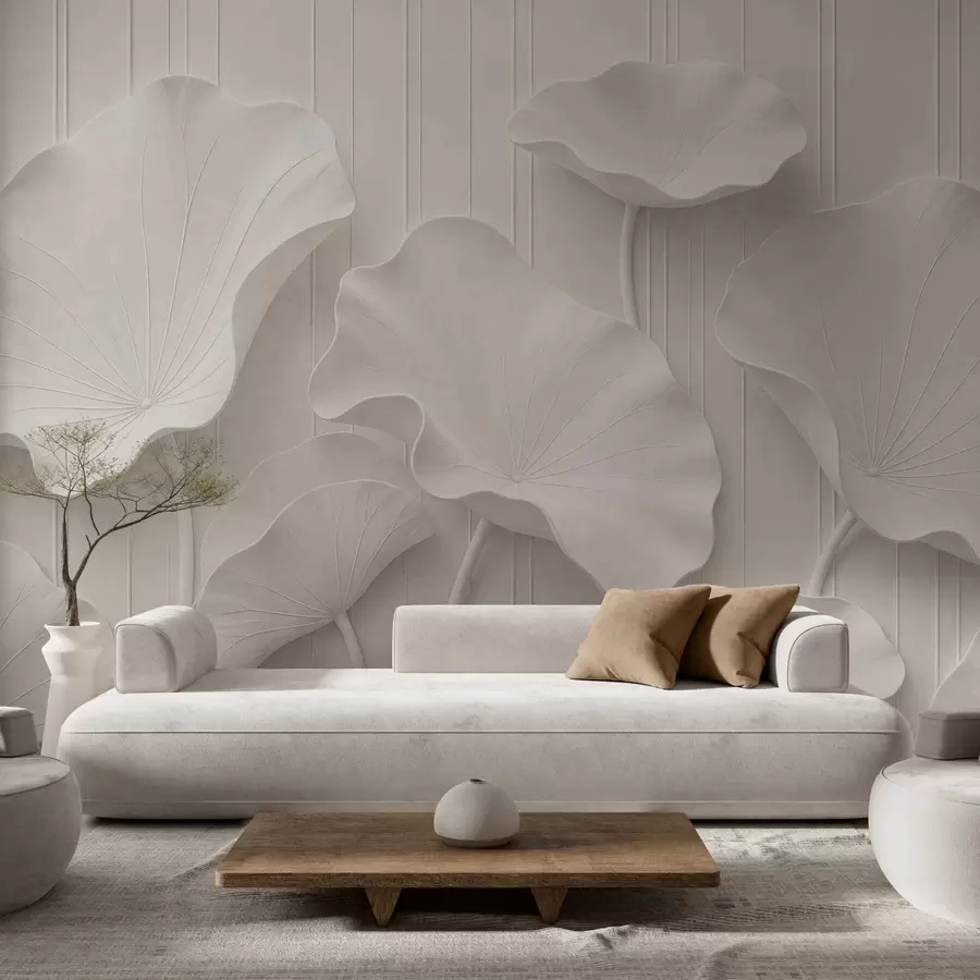 fototapet Relief floral sculptural alb, cu petale suprapuse, un decor de perete elegant în 3D w05604