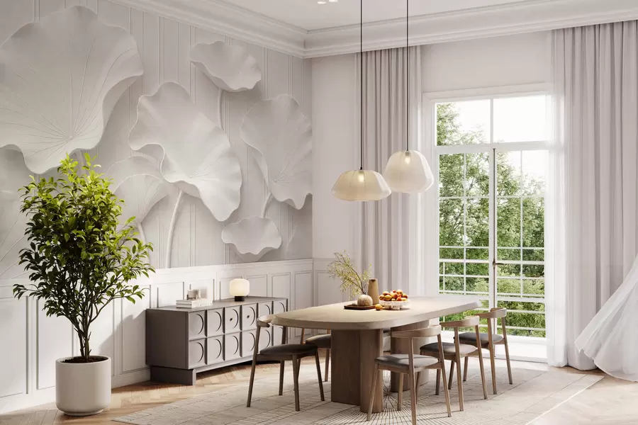 fototapet Relief floral sculptural alb, cu petale suprapuse, un decor de perete elegant în 3D w05604