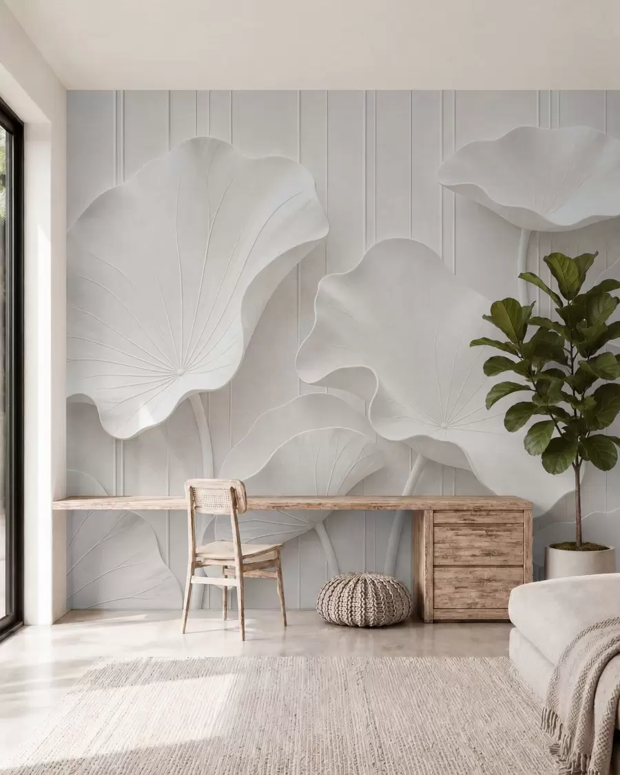 fototapet Relief floral sculptural alb, cu petale suprapuse, un decor de perete elegant în 3D w05604