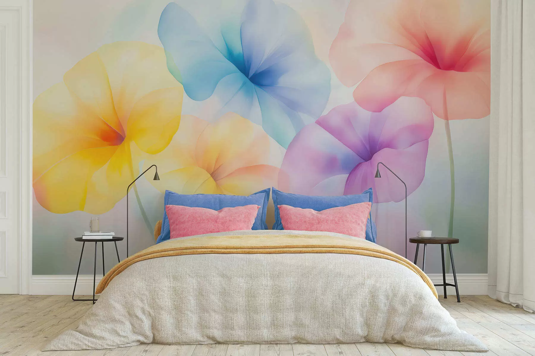fototapet Flori colorate și translucide, în nuanțe delicate de pastel, cu un efect de acuarelă care te face să visezi w05607