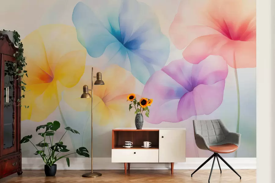 fototapet Flori colorate și translucide, în nuanțe delicate de pastel, cu un efect de acuarelă care te face să visezi w05607