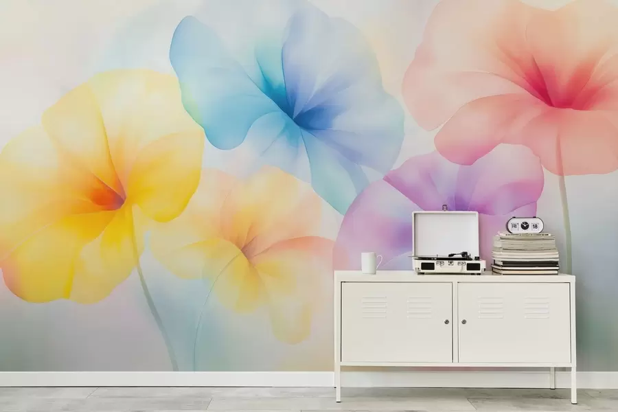 fototapet Flori colorate și translucide, în nuanțe delicate de pastel, cu un efect de acuarelă care te face să visezi w05607