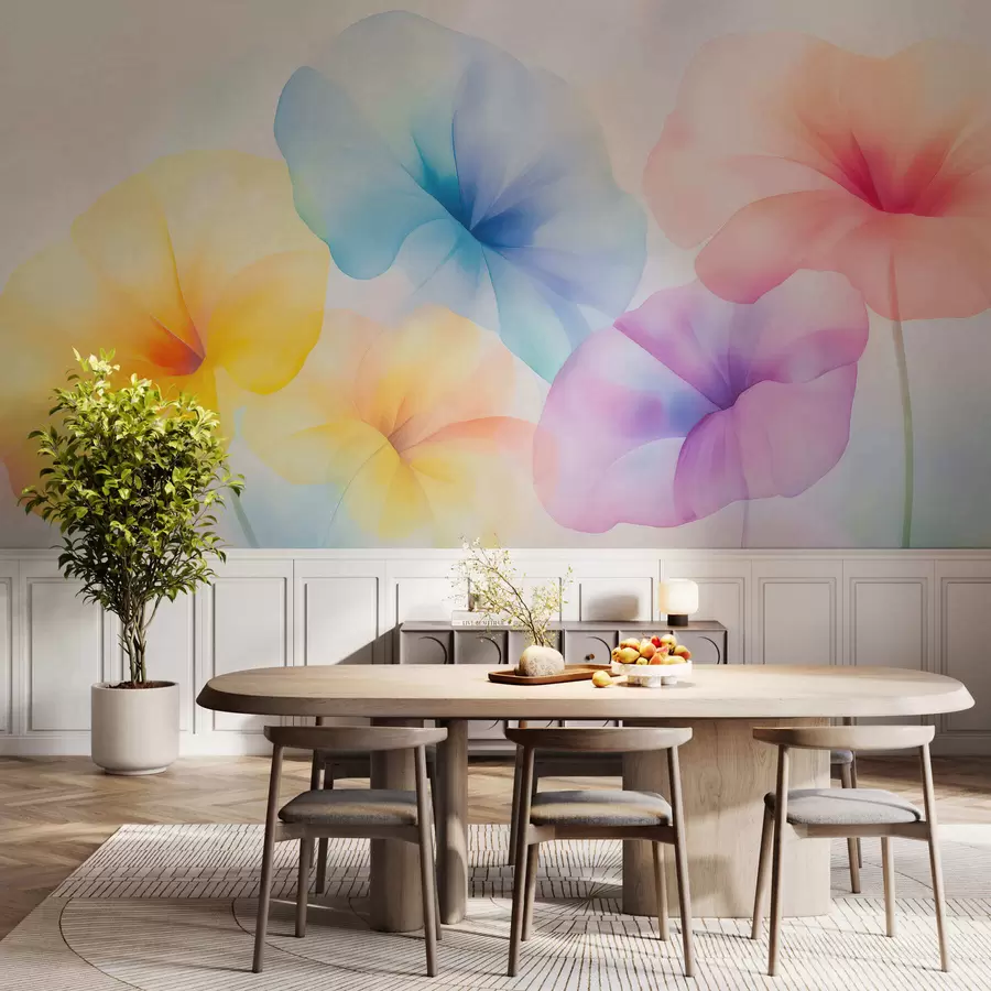 fototapet Flori colorate și translucide, în nuanțe delicate de pastel, cu un efect de acuarelă care te face să visezi w05607