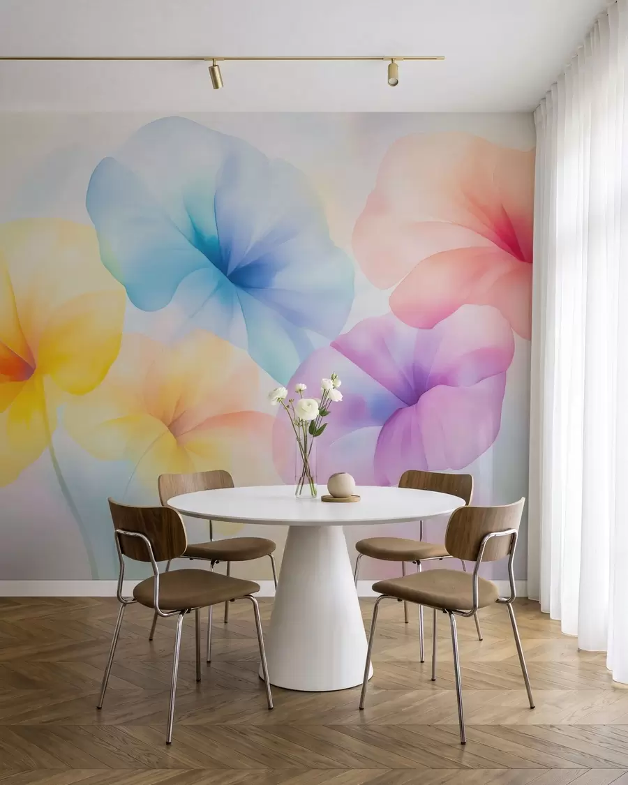 fototapet Flori colorate și translucide, în nuanțe delicate de pastel, cu un efect de acuarelă care te face să visezi w05607