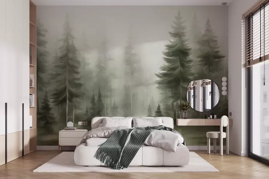 fototapet O pădure deasă cu pini înalți, învăluită într-o ceață ușoară, o compoziție artistică cu textură w09830v1