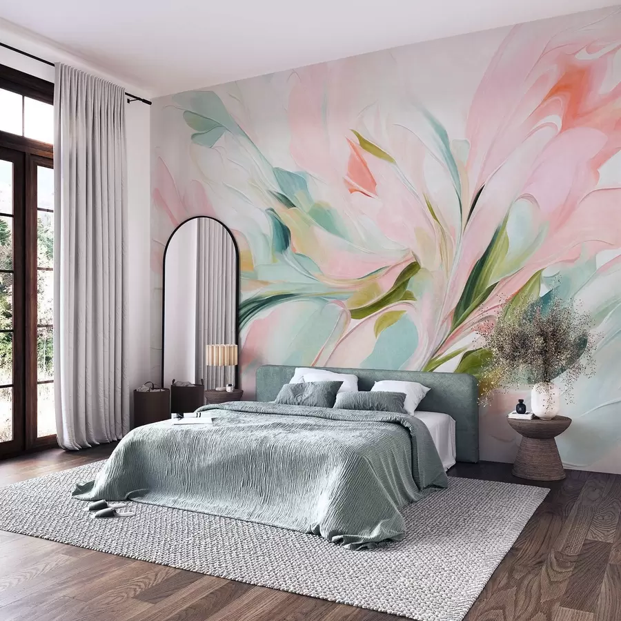 fototapet Stil de pictură florală abstractă, cu tușe delicate în culori pastelate pe un fundal deschis w09871