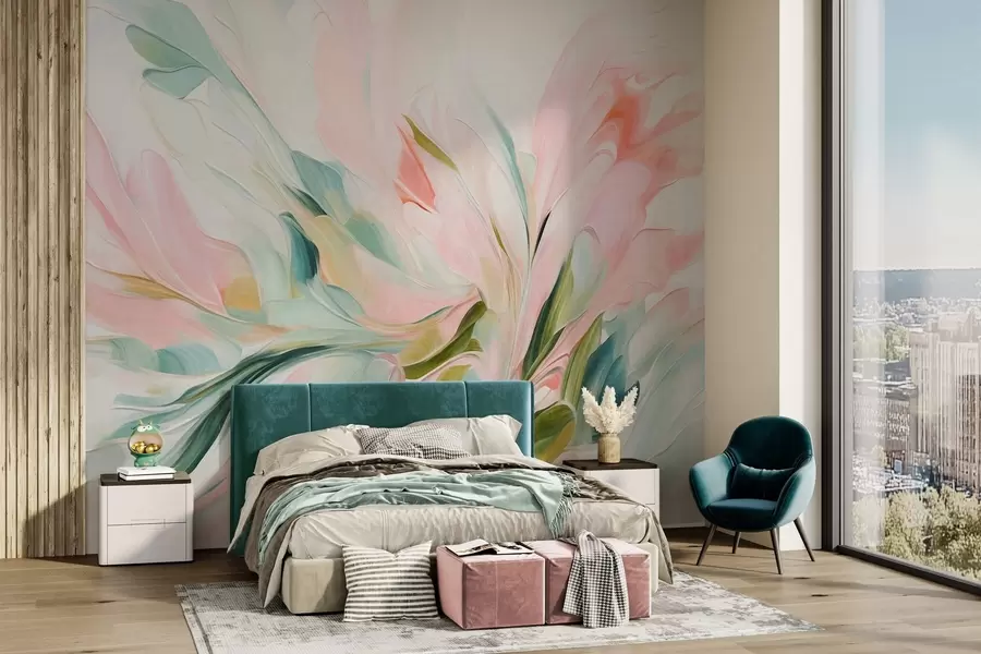 fototapet Stil de pictură florală abstractă, cu tușe delicate în culori pastelate pe un fundal deschis w09871