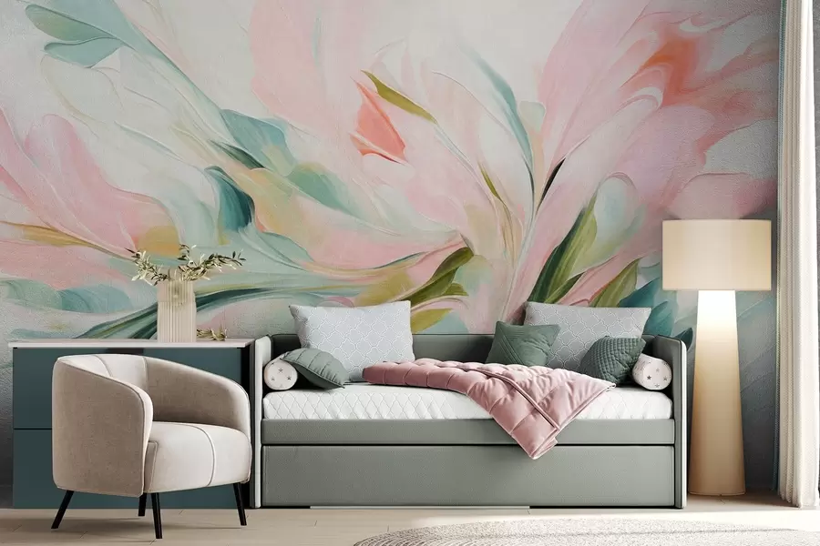 fototapet Stil de pictură florală abstractă, cu tușe delicate în culori pastelate pe un fundal deschis w09871