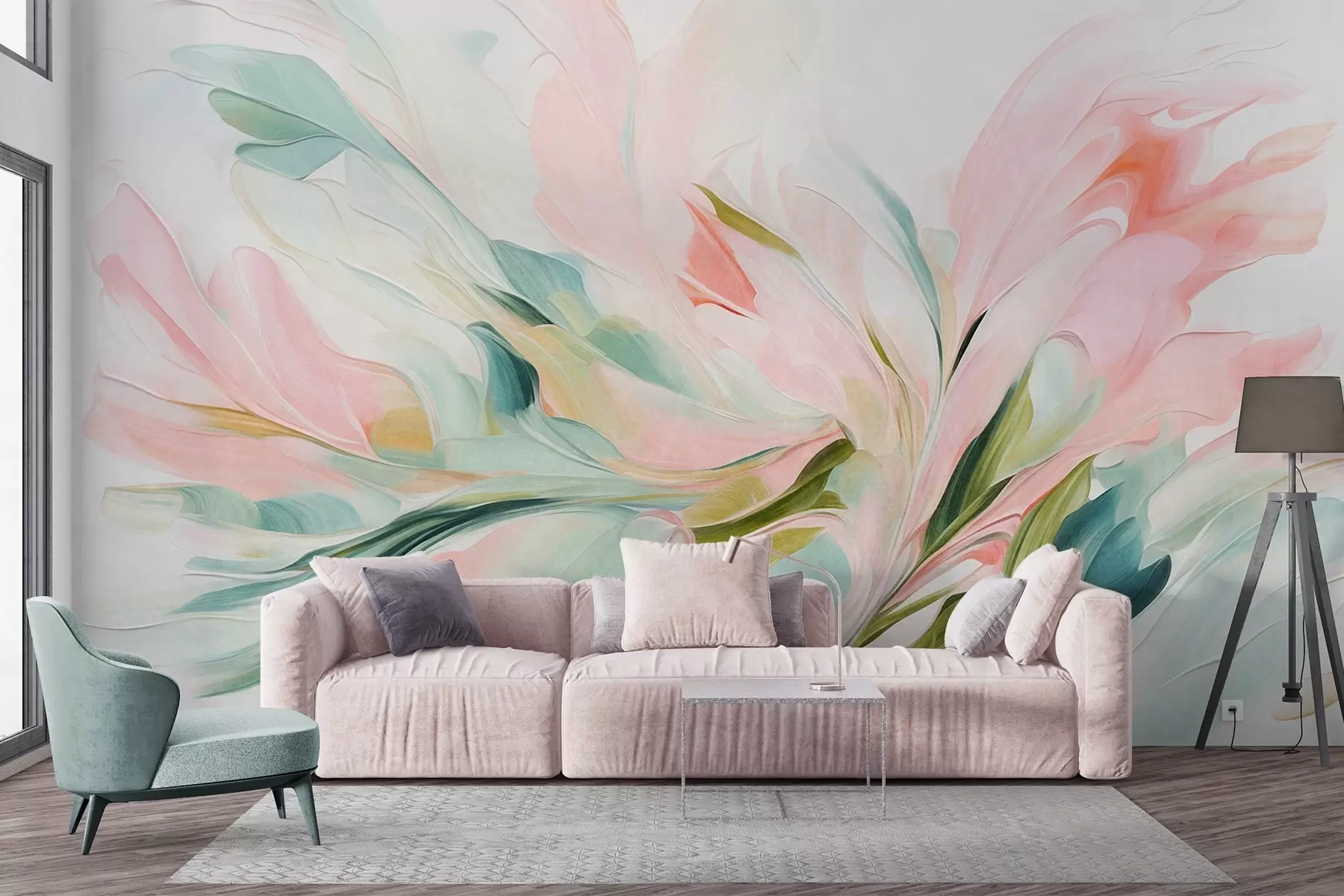 fototapet Stil de pictură florală abstractă, cu tușe delicate în culori pastelate pe un fundal deschis w09871