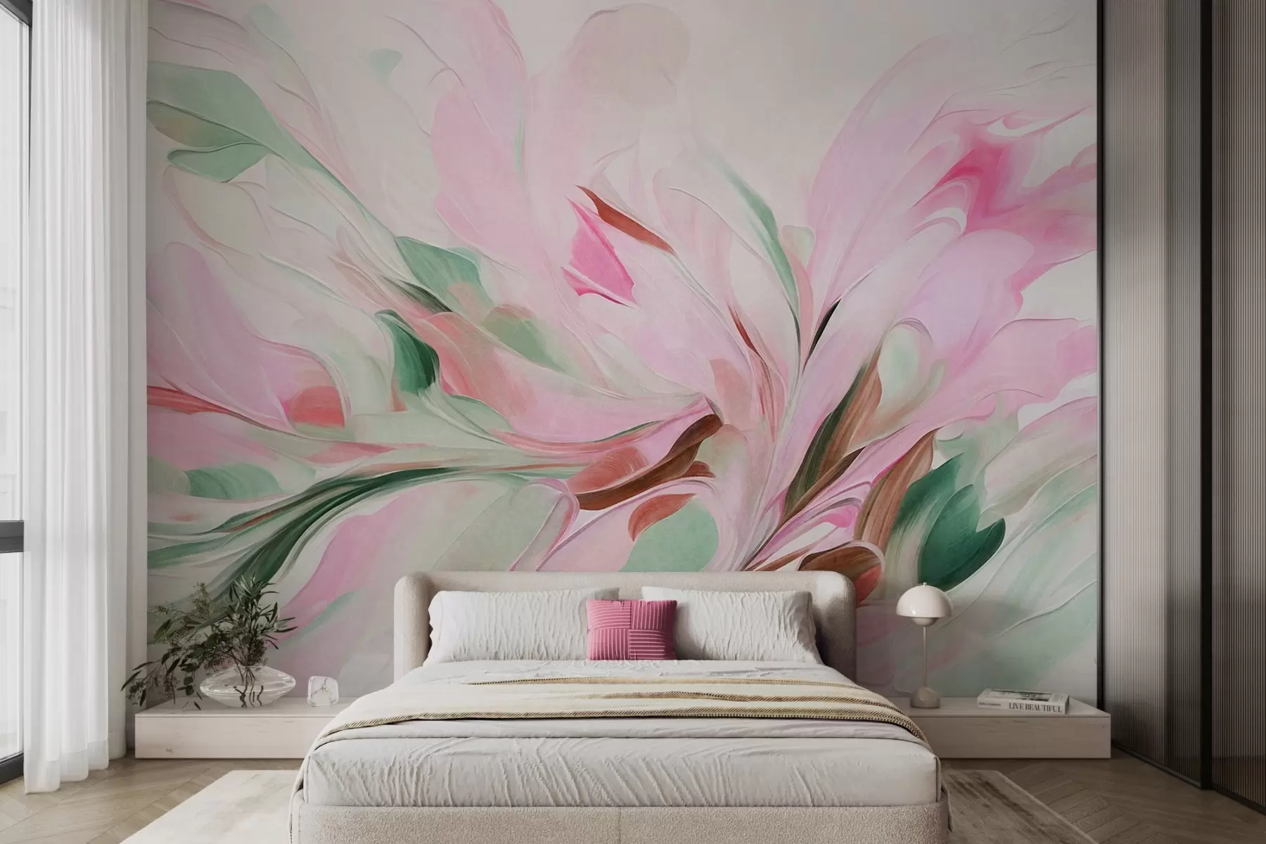 fototapet Stil de pictură florală abstractă, cu tușe delicate în culori pastelate pe un fundal deschis w09871v1