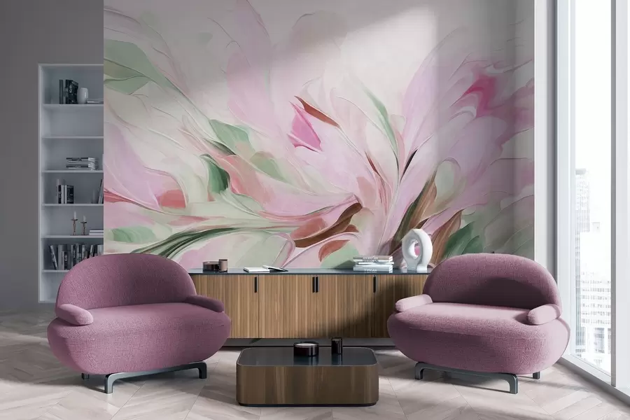 fototapet Stil de pictură florală abstractă, cu tușe delicate în culori pastelate pe un fundal deschis w09871v1