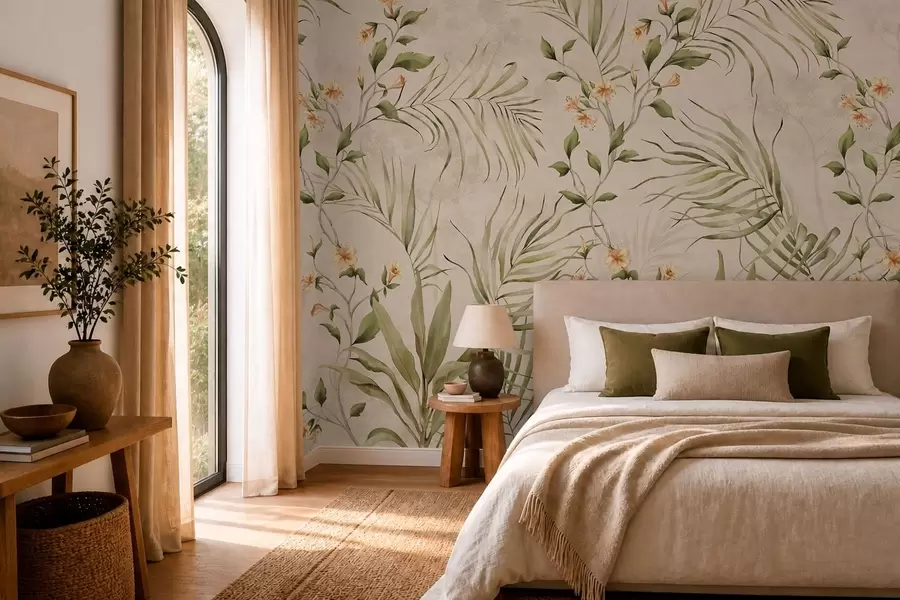 fototapet Frunze tropicale și flori delicate pe un fundal bej w05625