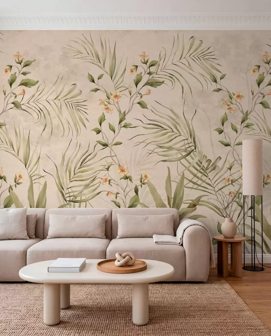 fototapet Frunze tropicale și flori delicate pe un fundal bej w05625