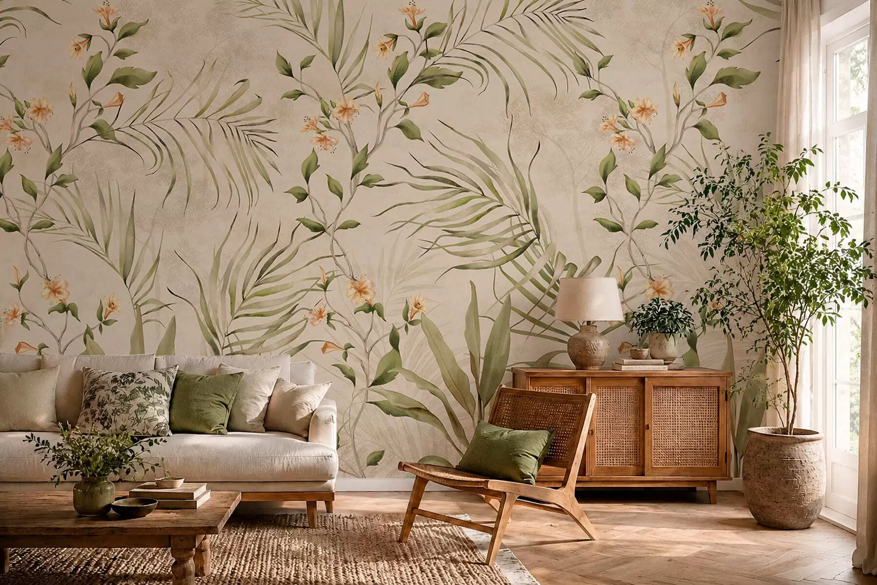 fototapet Frunze tropicale și flori delicate pe un fundal bej w05625