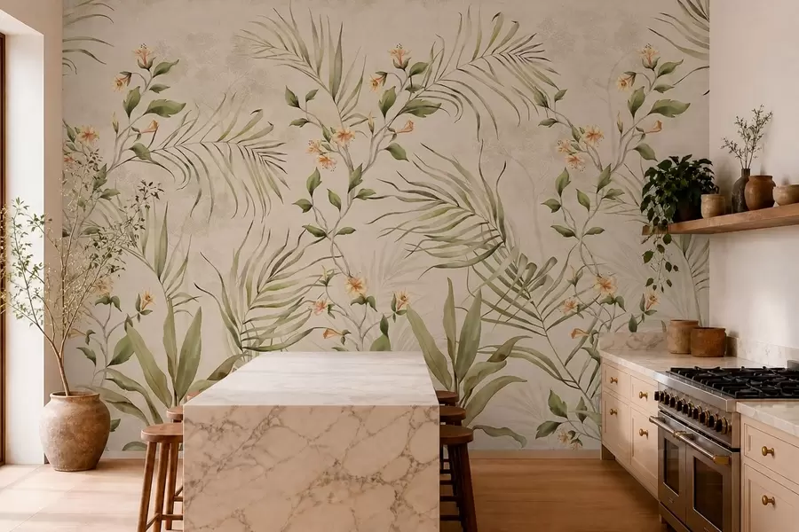 fototapet Frunze tropicale și flori delicate pe un fundal bej w05625