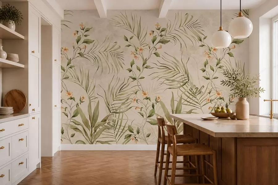 fototapet Frunze tropicale și flori delicate pe un fundal bej w05625