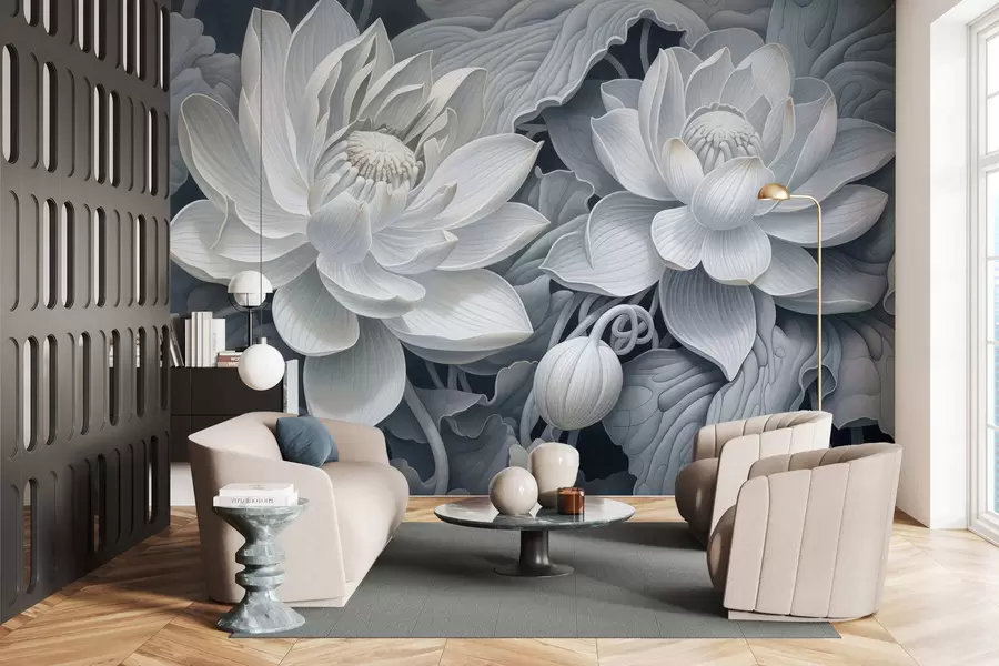fototapet Flori de lotus în stil vintage, cu nuanțe delicate de sepia și petale detaliate, ilustrație botanică artistică w05494