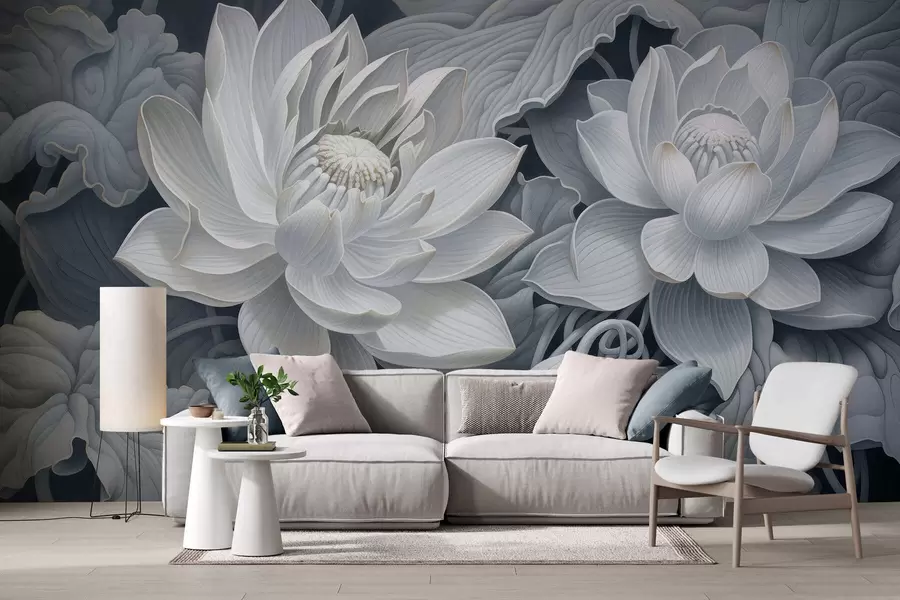 fototapet Flori de lotus în stil vintage, cu nuanțe delicate de sepia și petale detaliate, ilustrație botanică artistică w05494