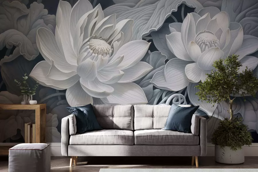fototapet Flori de lotus în stil vintage, cu nuanțe delicate de sepia și petale detaliate, ilustrație botanică artistică w05494