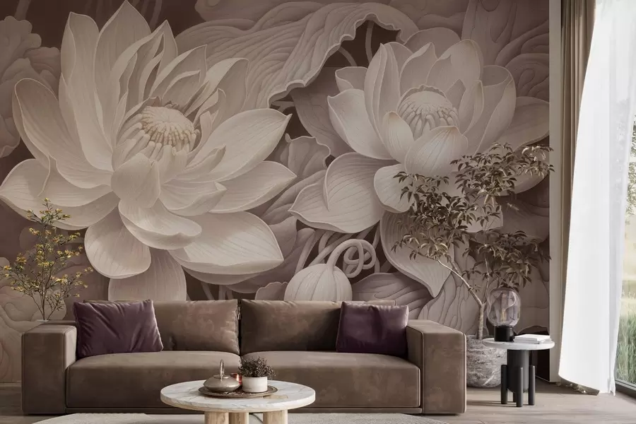 fototapet Flori de lotus în stil vintage, cu nuanțe delicate de sepia și petale detaliate, ilustrație botanică artistică w05494v1