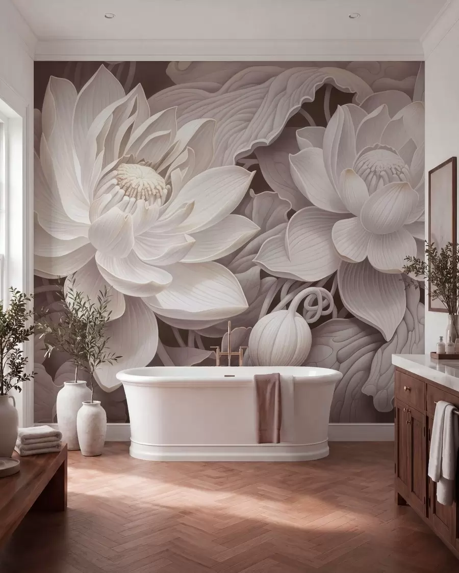fototapet Flori de lotus în stil vintage, cu nuanțe delicate de sepia și petale detaliate, ilustrație botanică artistică w05494v1