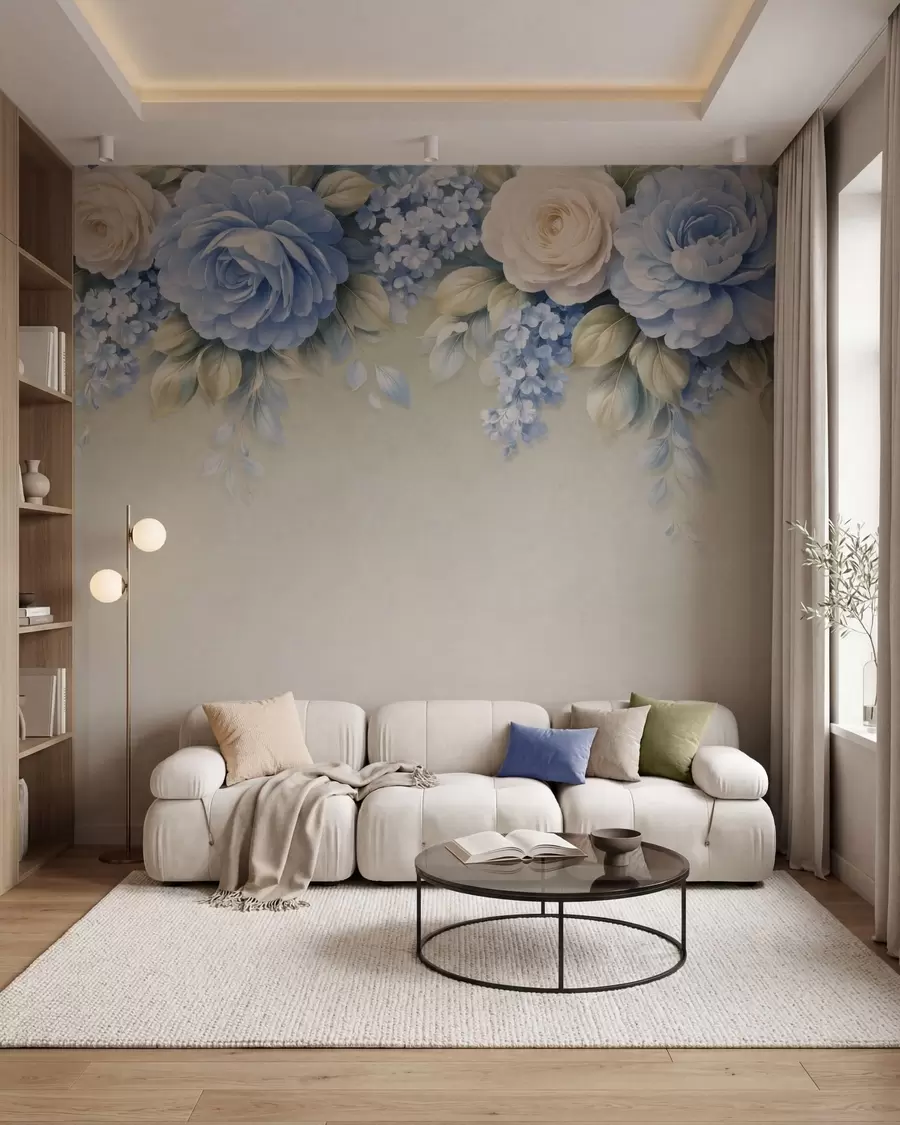 fototapet Trandafiri delicați și buchete florale într-o compoziție botanică inspirată de porțelan, cu petale suprapuse delicate și frunze elegante, care se unduiesc w05495