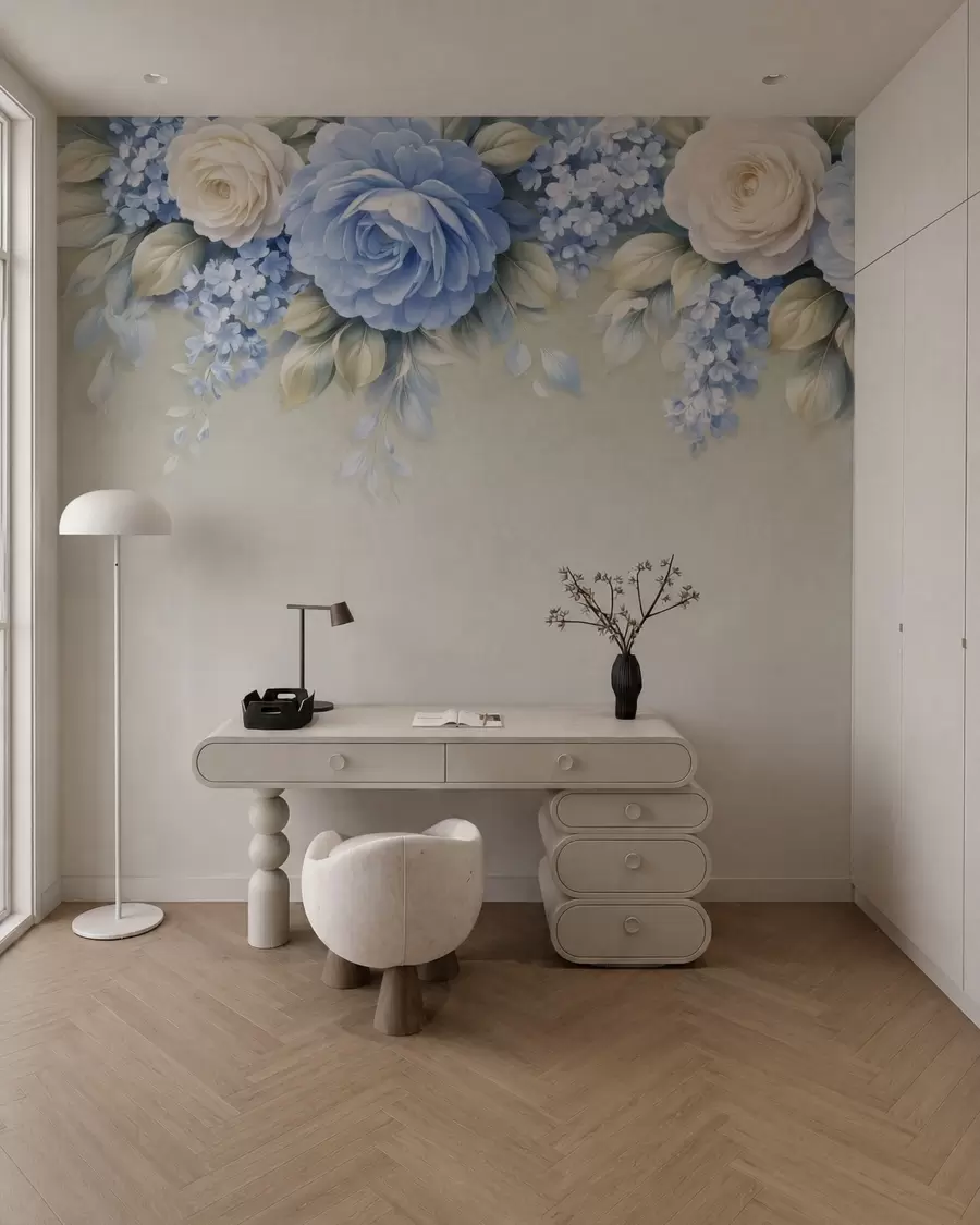 fototapet Trandafiri delicați și buchete florale într-o compoziție botanică inspirată de porțelan, cu petale suprapuse delicate și frunze elegante, care se unduiesc w05495